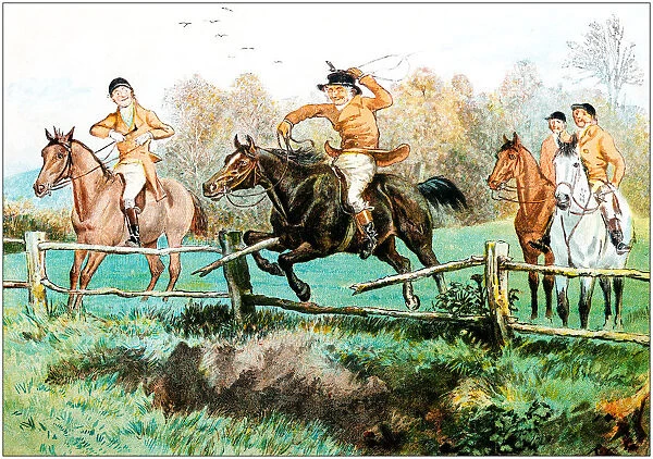 Antique color illustration by Randolph Caldecott: Hunting scene