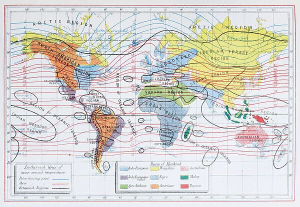Antique colored illustrations: Isothermal lines and ethnicities of the World