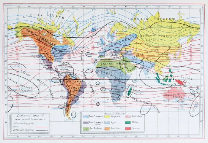 Framed Print : Antique colored illustrations: Isothermal lines and ethnicities of the World Framed Print : Antique colored illustrations: Isothermal lines and ethnicities of the World