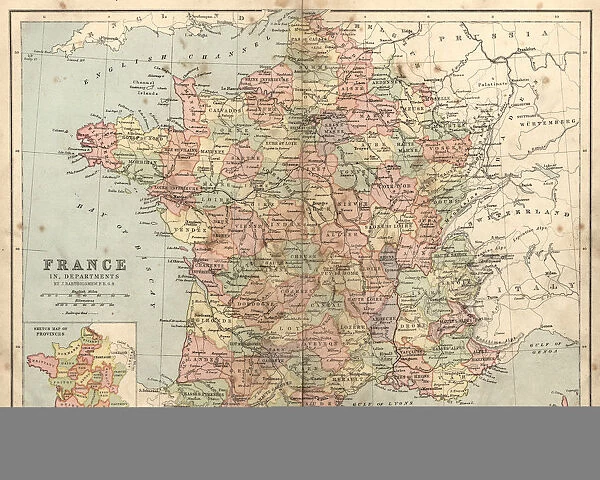 Antique damaged map of France in the 19th Century
