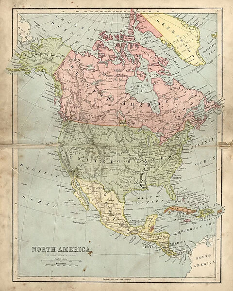 Antique damaged map of North America in the 19th Century