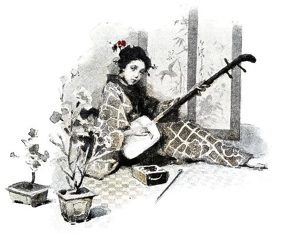 Antique dotprinted watercolor illustration of Japan: Woman with Shamisen guitar