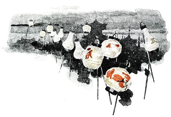 Antique dotprinted watercolor illustration of Japan: Lanterns