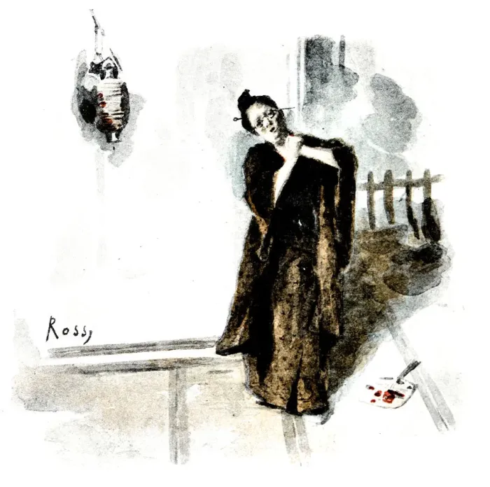 Framed Print : Antique dotprinted watercolor illustration of Japan: Woman at home