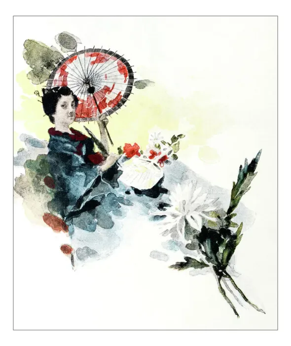 Framed Print : Antique dotprinted watercolor illustration of Japan: Woman with umbrella