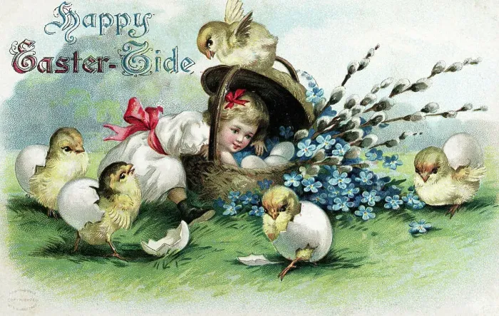 Framed Print : Antique Easter Greeting with Baby Chicks