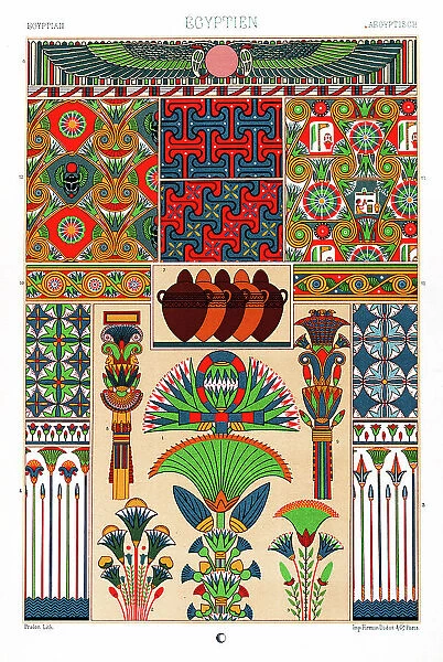 Antique Egyptian pattern Manuscripts Decoration by Racinet - Lithograph