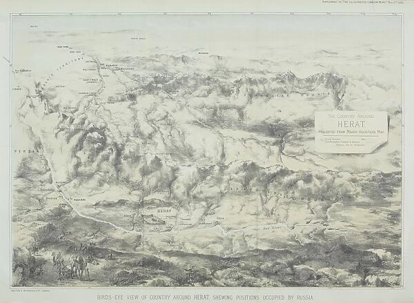 Antique engraving depicting birds eye view of country around Herat showing positions occupied by Russia