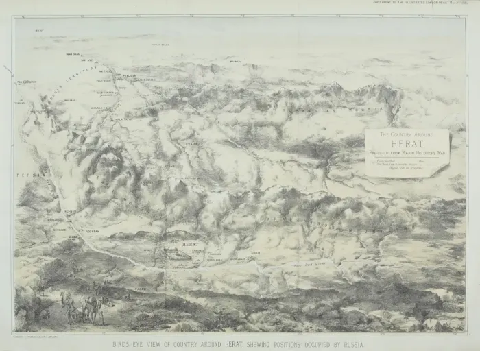Framed Print : Antique engraving depicting birds eye view of country around Herat showing positions occupied by Russia Framed Print : Antique engraving depicting birds eye view of country around Herat showing positions occupied by Russia