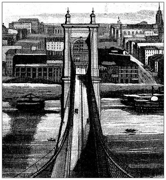 Antique engraving illustration, engineering and technology: Bridge construction, Cincinnati