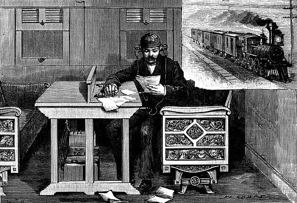 Antique engraving illustration: train telephone
