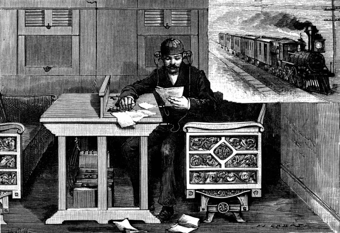 Framed Print : Antique engraving illustration: train telephone Framed Print : Antique engraving illustration: train telephone