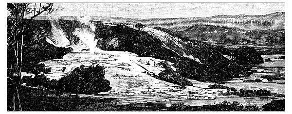 Antique engraving illustration: White terrace, Rotomahana, New Zeland