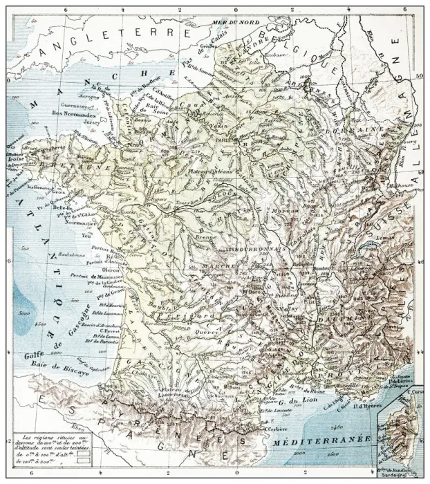 Framed Print : Antique French map of Physical France Framed Print : Antique French map of Physical France