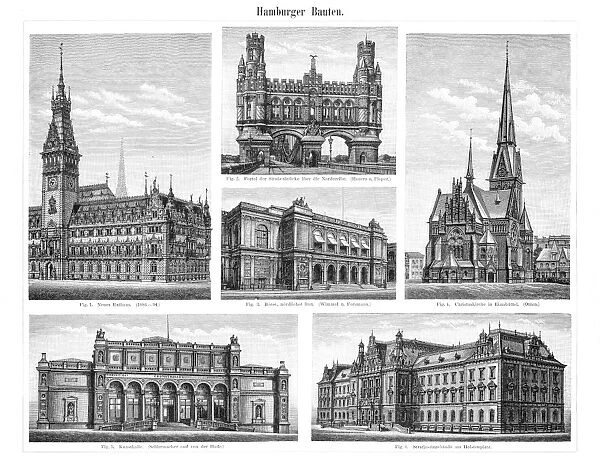 Antique german buildings engraving 1895