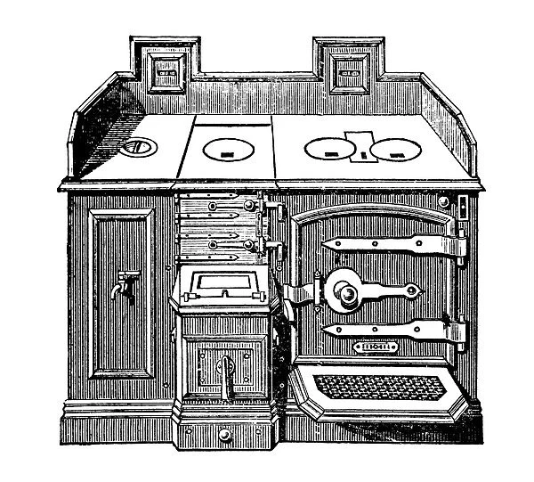 Antique household book engraving illustration: Stove fire range