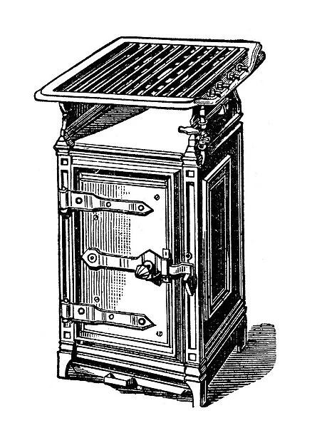 Antique household book engraving illustration: Stove fire range