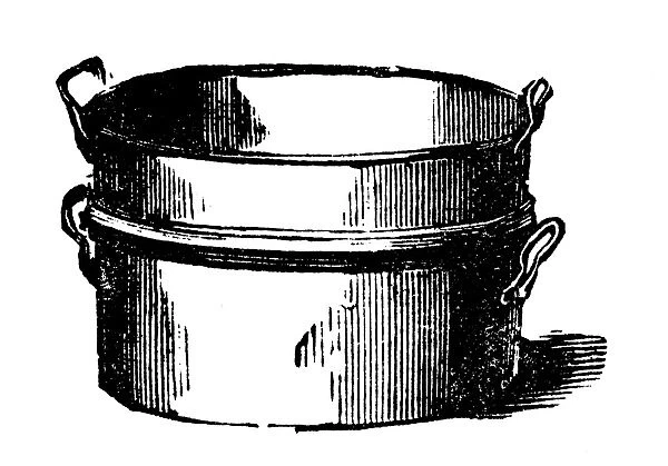 Antique household book engraving illustration: Braizing pan