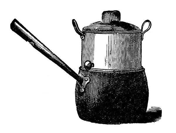 Antique household book engraving illustration: Iron saucepan with steamer