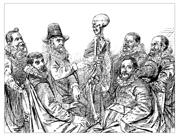 Framed Print : Antique illustration of 17th century anatomy lesson with skeleton Framed Print : Antique illustration of 17th century anatomy lesson with skeleton
