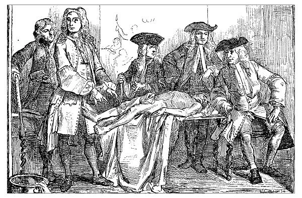 Antique illustration of 18th century anatomy lesson