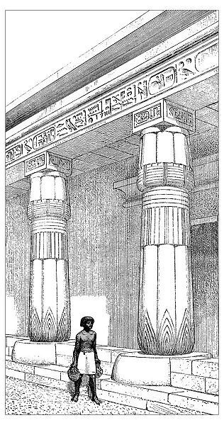 Antique illustration of ancient Egyptian outside a temple