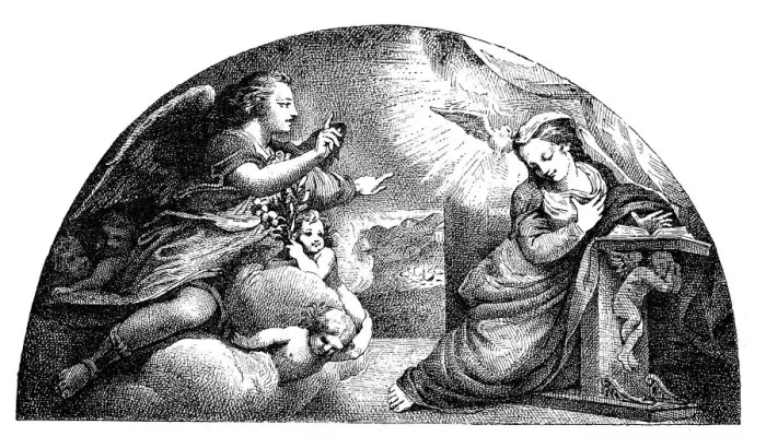 Framed Print : Antique illustration of Annunciation by Correggio Framed Print : Antique illustration of Annunciation by Correggio