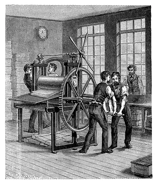 Antique illustration of book production, printing press, typography