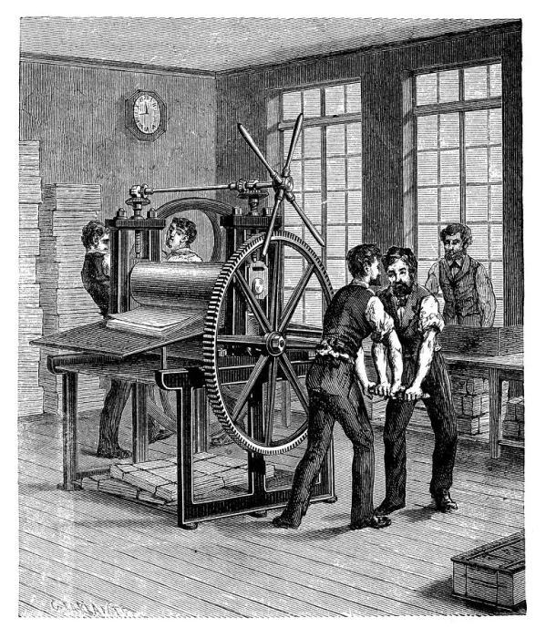 Framed Print : Antique illustration of book production, printing press, typography Framed Print : Antique illustration of book production, printing press, typography