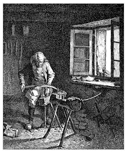 Antique illustration of a clog maker in his shop