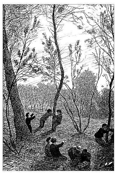 Antique illustration of cockchafer hunting in the woods