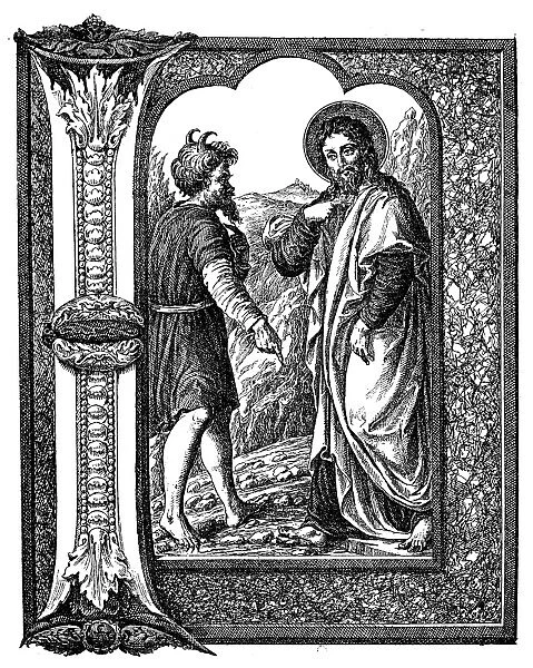 Antique illustration of decorated letter I with temptation of Christ