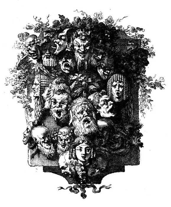Framed Print : Antique illustration of decorative image (cul-de-lampe) with faces Framed Print : Antique illustration of decorative image (cul-de-lampe) with faces