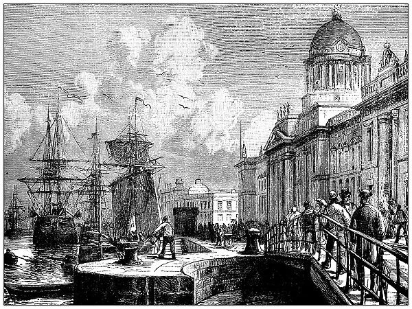 Antique illustration: Dublin docks