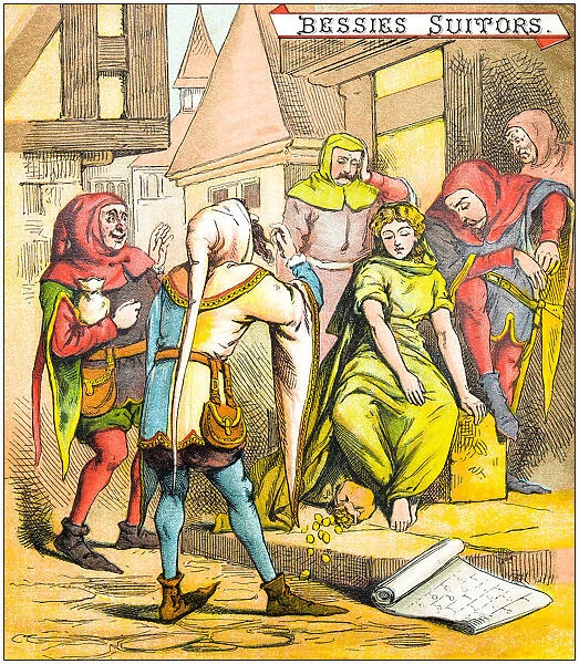 Antique illustration from fables picture book: The blind beggar of Bethnal Green