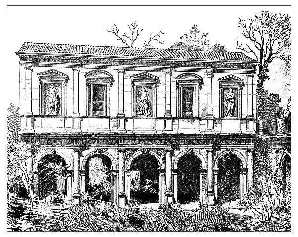 Antique illustration of facade of lodge and Odeo Cornaro (Paduaa)