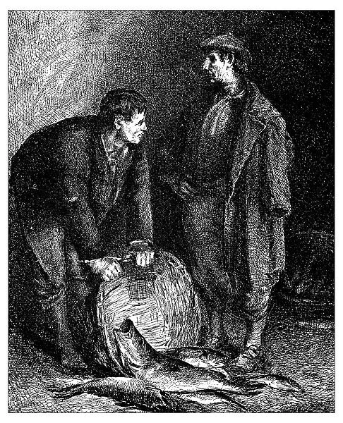 Antique illustration of Two fishermen emptying the basket