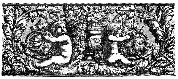 Antique illustration of frieze with two Cupids