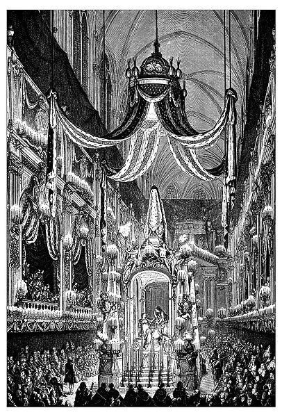 Antique illustration of funeral in Notre Dame