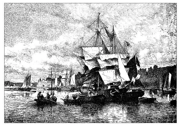 Antique illustration of harbor of Hennebont (Brittany, France)