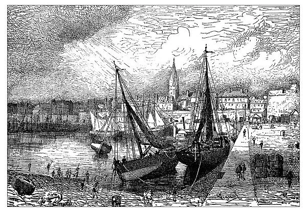 Antique illustration of harbor of Saint-Malo during low tide (France)