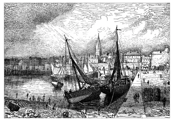 Framed Print : Antique illustration of harbor of Saint-Malo during low tide (France) Framed Print : Antique illustration of harbor of Saint-Malo during low tide (France)
