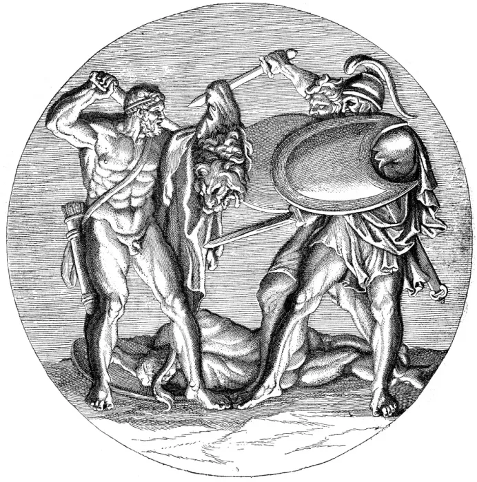 Framed Print : Antique illustration of Heracles fighting with Diomedes and his men Framed Print : Antique illustration of Heracles fighting with Diomedes and his men