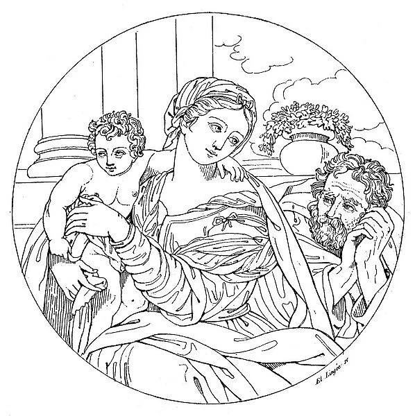 Antique illustration of Holy family (by Nicolas Poussin)