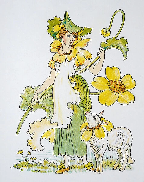 Antique illustration of humanized flowers and plants: Marsh Marigold