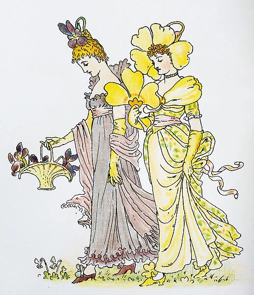 Antique illustration of humanized flowers and plants: Violet and Primrose