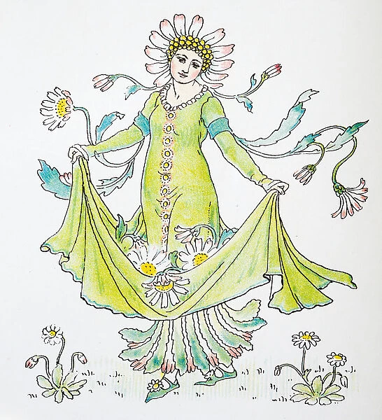 Antique illustration of humanized flowers and plants: Daisy