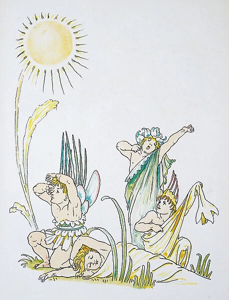 Antique illustration of humanized flowers and plants: Flowers waking up