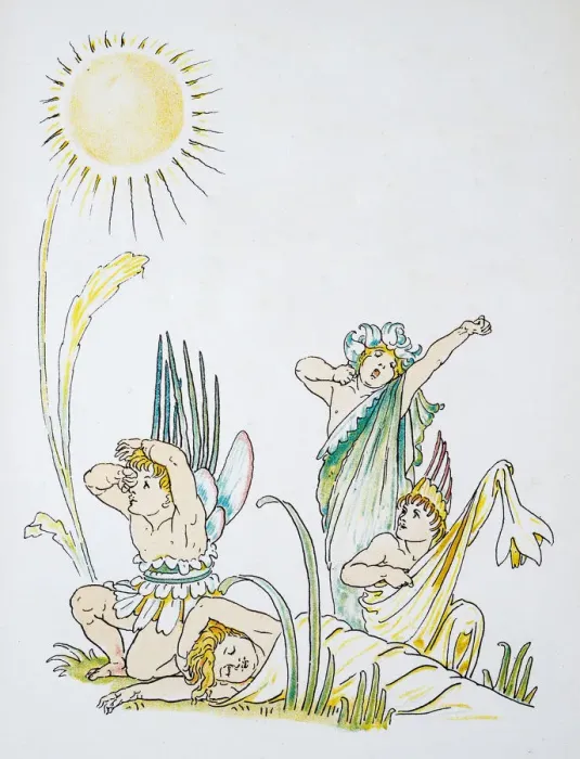 Framed Print : Antique illustration of humanized flowers and plants: Flowers waking up Framed Print : Antique illustration of humanized flowers and plants: Flowers waking up