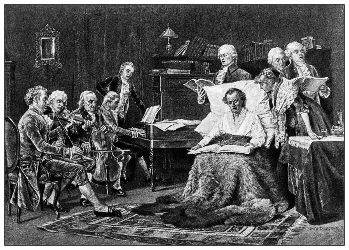 Framed Print : Antique illustration of important people of the past: Mozart singing his requiem
